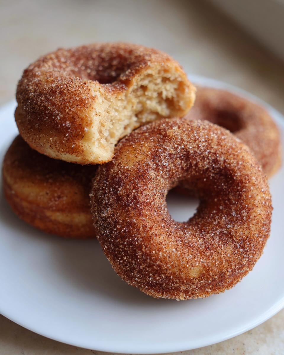 Close-up of baked apple cider donuts coated in cinnamon sugar, with one donut showing a bite taken out.