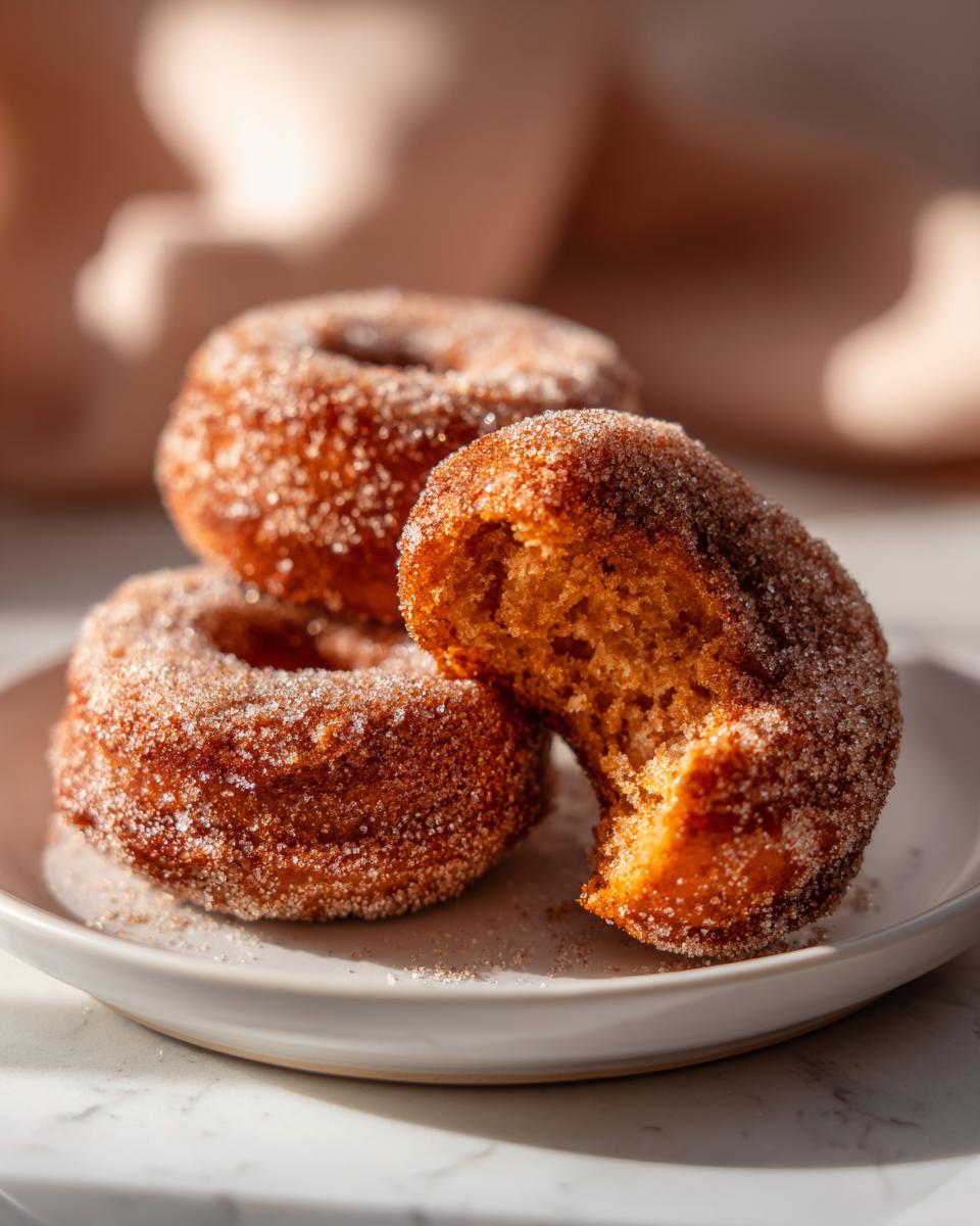 Close-up of three baked apple cider donuts coated in cinnamon sugar, one with a bite taken out.