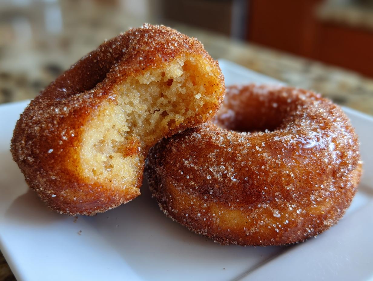 Close-up of two baked apple cider donuts coated in cinnamon sugar, one split open to reveal the fluffy interior.