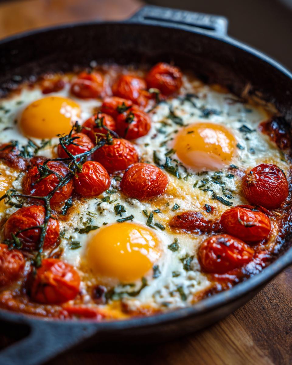 Close-up of baked feta eggs with cherry tomatoes and herbs in a cast iron skillet.