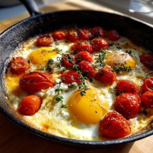 Close-up of baked feta eggs with cherry tomatoes and fresh thyme in a cast-iron skillet.
