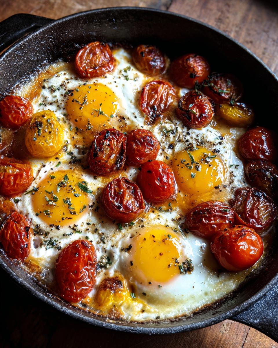 Close-up of baked feta eggs with blistered cherry tomatoes in a cast iron skillet, seasoned with herbs and pepper.