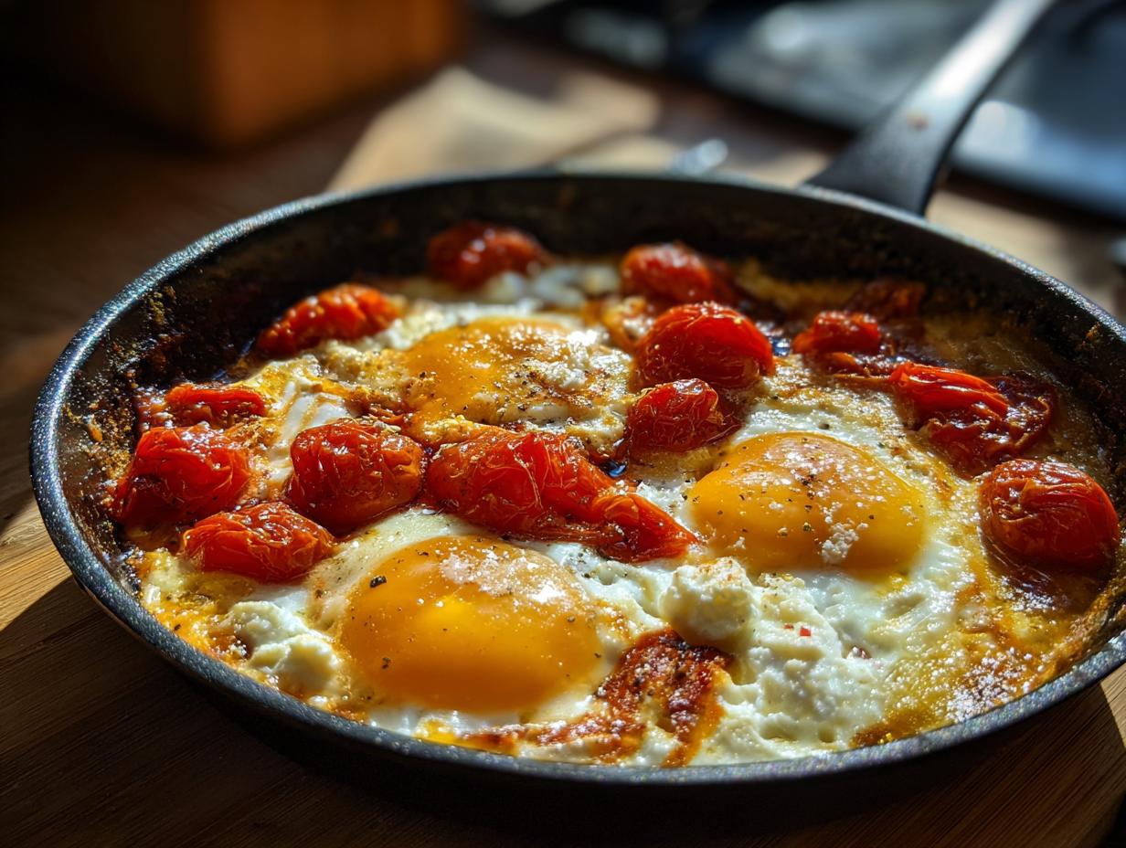 Close-up of baked feta eggs with cherry tomatoes and feta cheese in a black skillet.