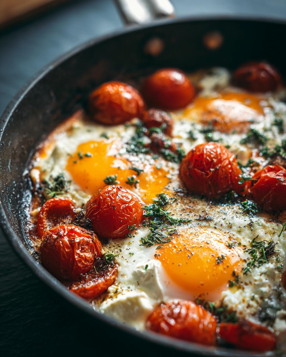 Close-up of baked feta eggs with cherry tomatoes and herbs in a black skillet.