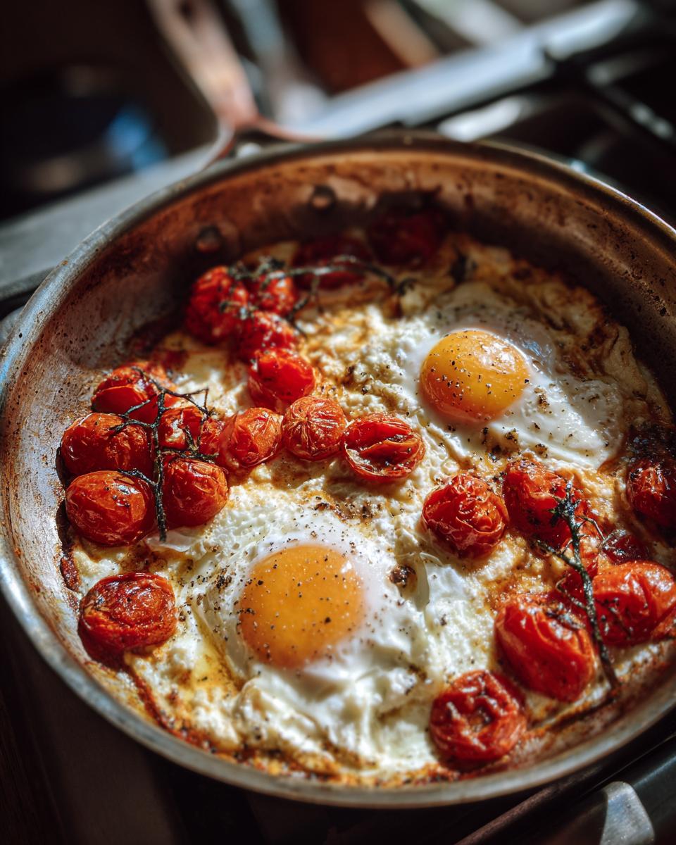 Close-up of baked feta eggs with roasted cherry tomatoes in a skillet, seasoned with pepper.