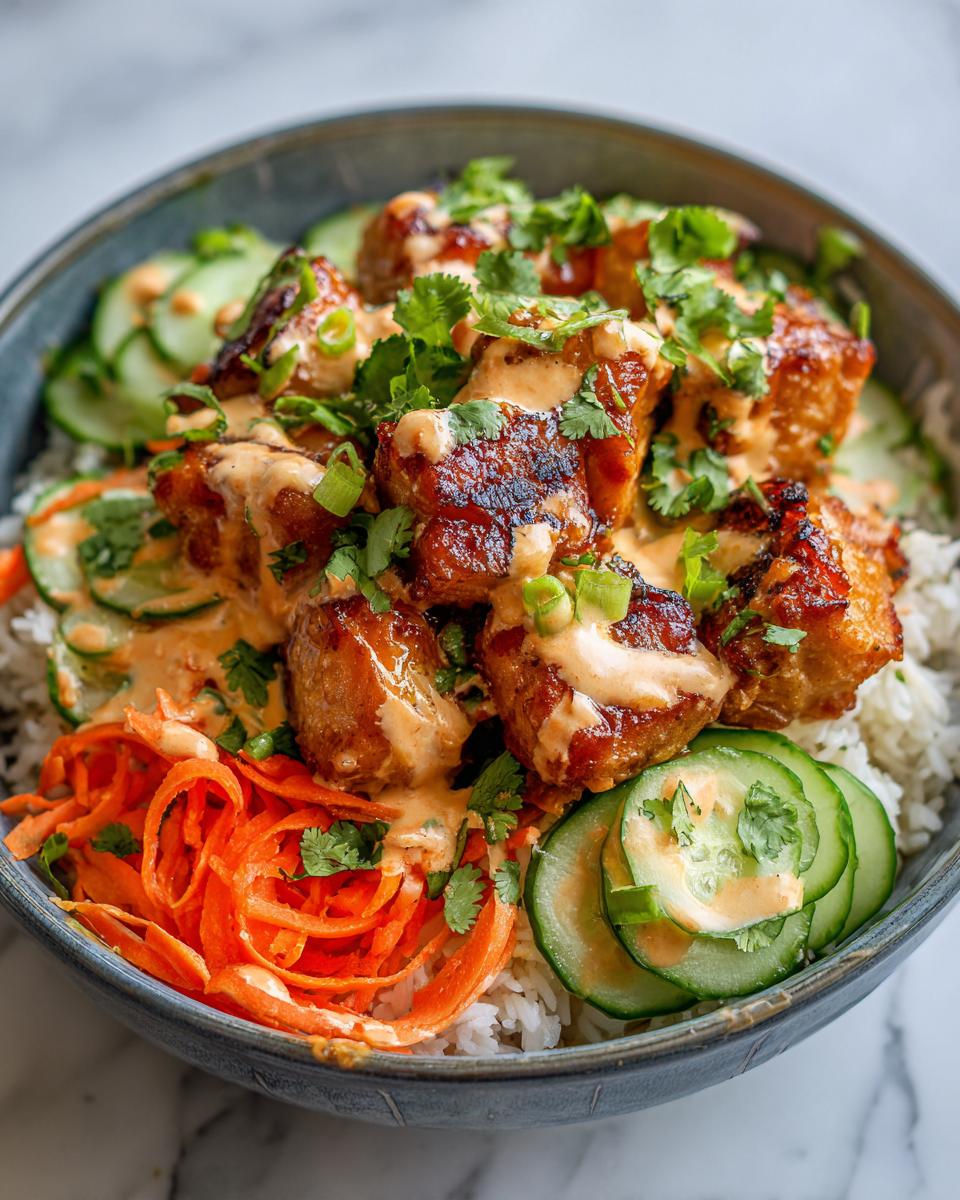 Close-up of a Bang Bang Salmon Bowl with rice, crispy salmon bites, cucumber, shredded carrots, and creamy sauce.