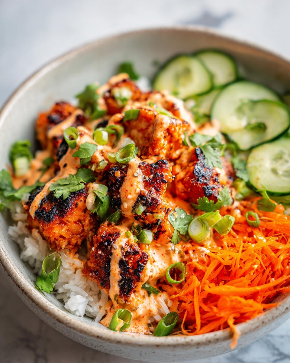 A close-up of a Bang Bang Salmon Bowl featuring crispy salmon bites, rice, shredded carrots, and cucumber slices, drizzled with creamy sauce.