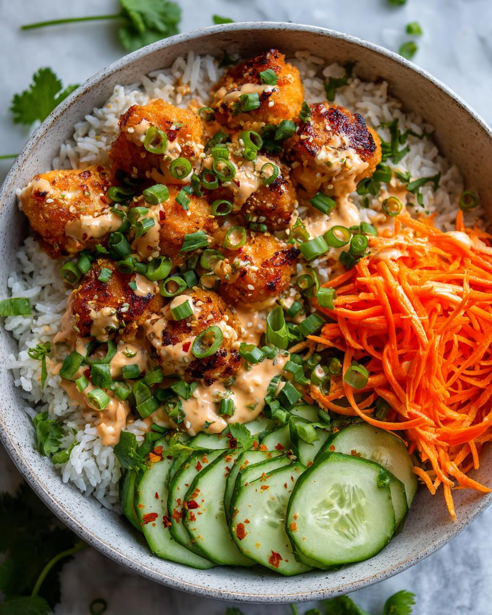 Close-up of a Bang Bang Salmon Bowl with crispy salmon bites, rice, shredded carrots, and cucumber slices.