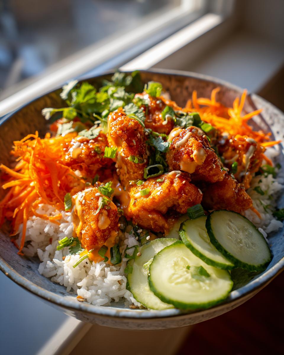 A close-up of a delicious Bang Bang Salmon Bowl, featuring crispy salmon bites over rice with shredded carrots, cucumber slices, and cilantro.
