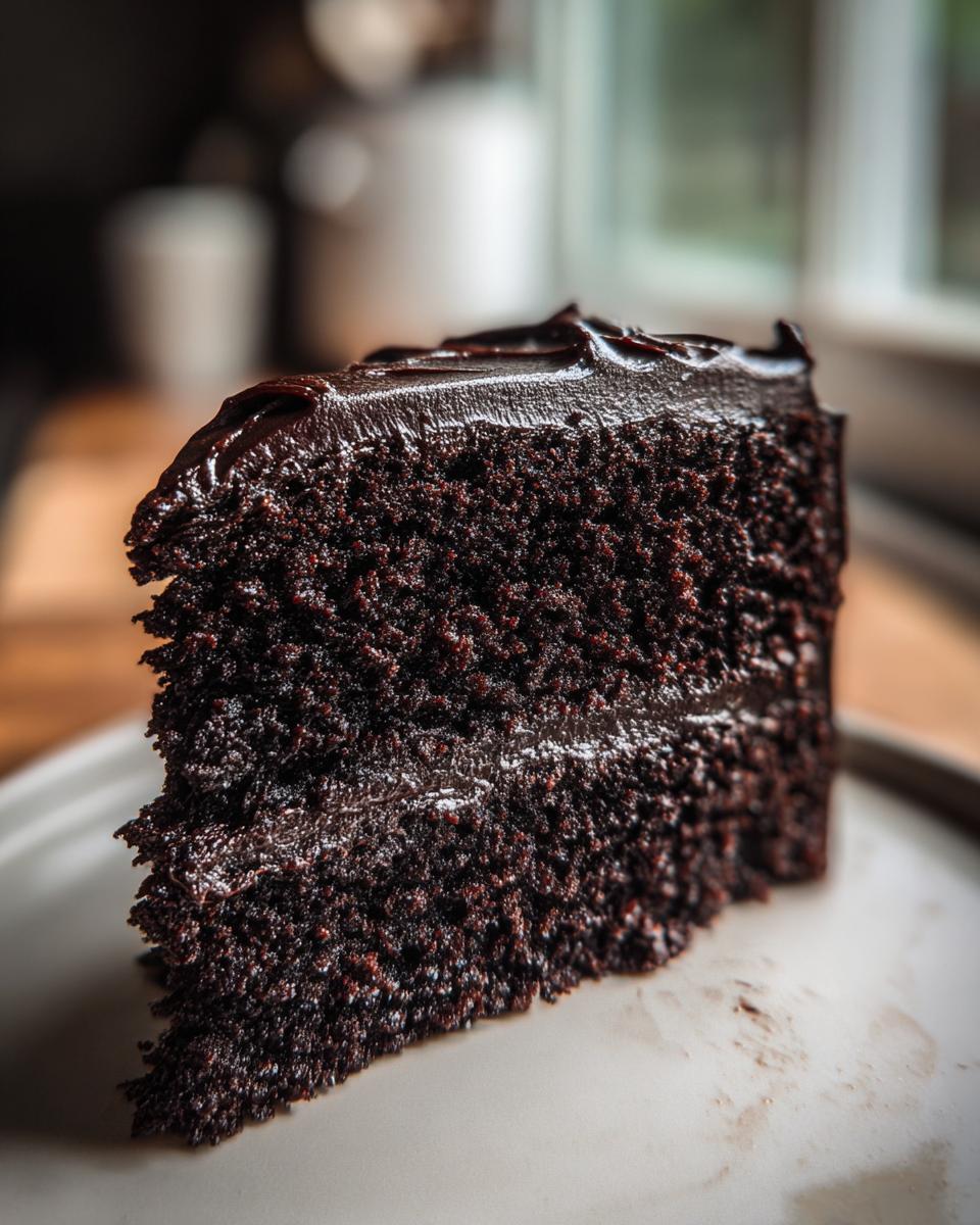 A moist slice of black velvet halloween cake with rich chocolate frosting.