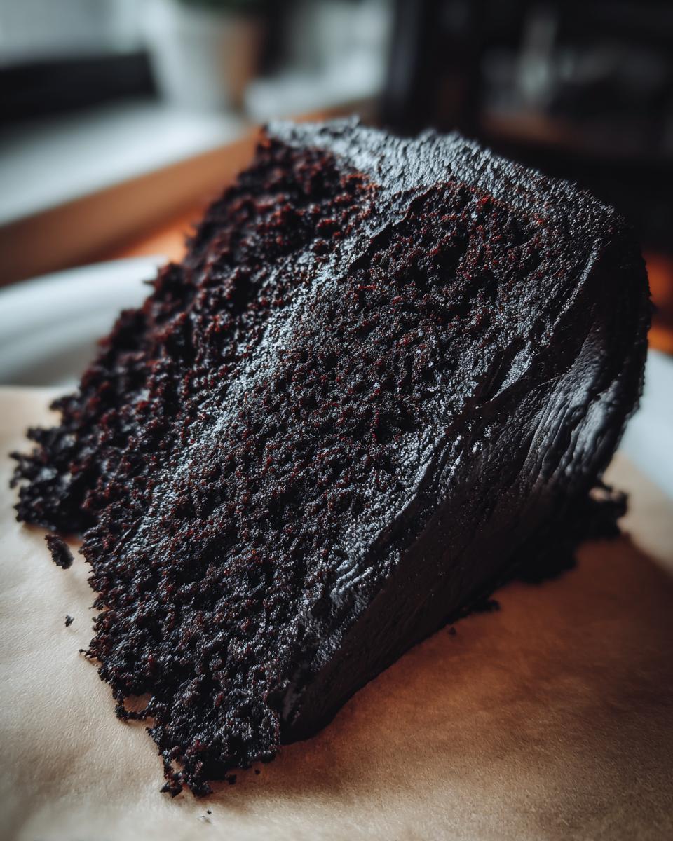 A dramatic slice of rich, dark black velvet halloween cake with moist crumb.