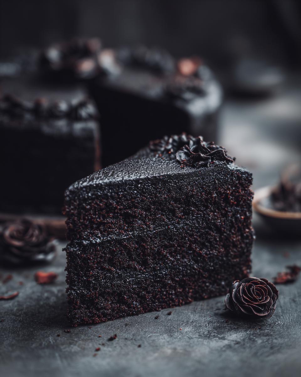 A dramatic slice of black velvet halloween cake with dark chocolate frosting and decorative swirls.