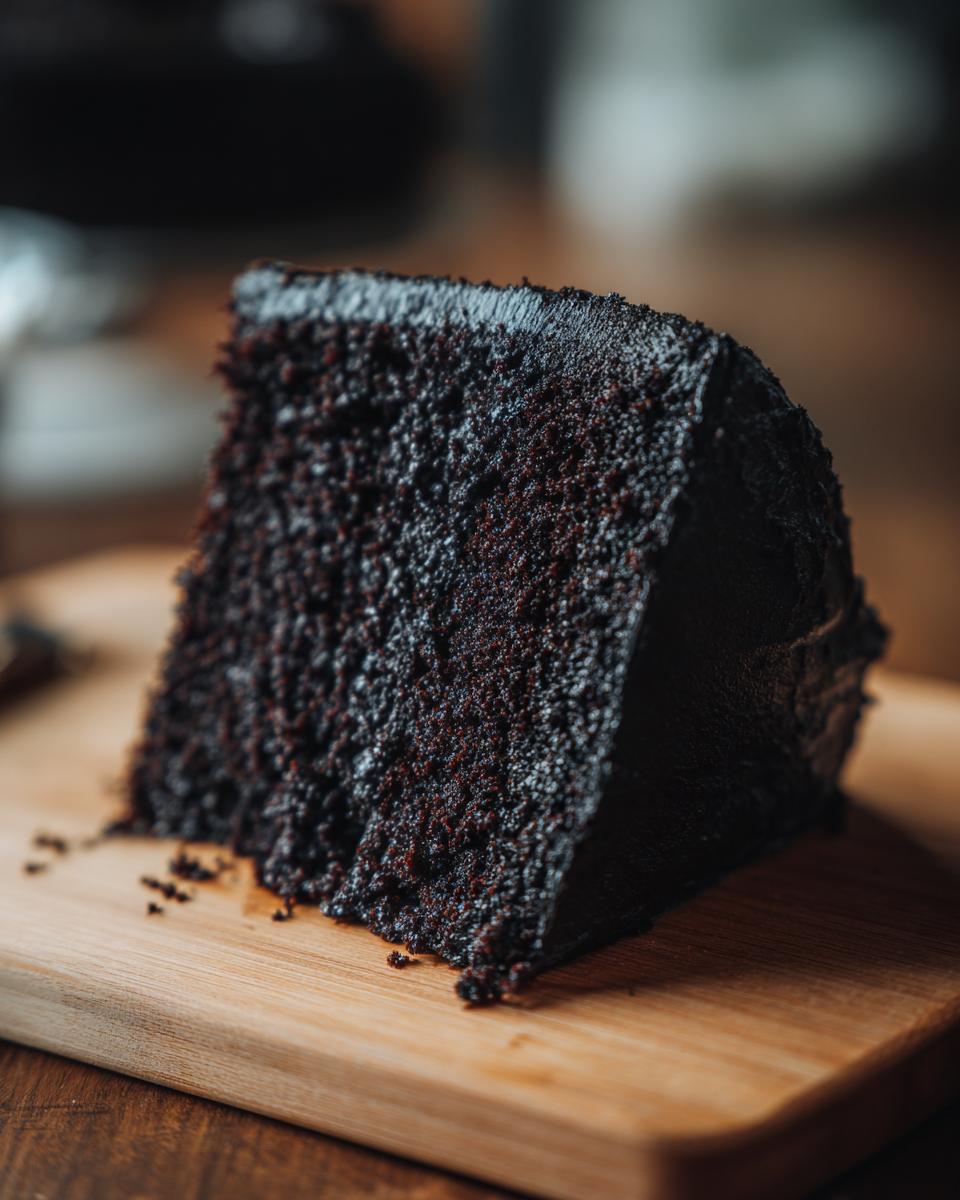 A dramatic slice of dark, moist black velvet Halloween cake on a wooden board.
