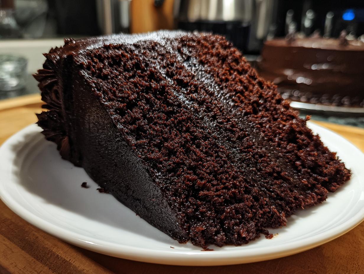 A moist slice of dark chocolate black velvet halloween cake with rich frosting on a white plate.