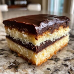 A close-up of a rich Boston Cream Pie Fudge slice with layers of cake and chocolate ganache.