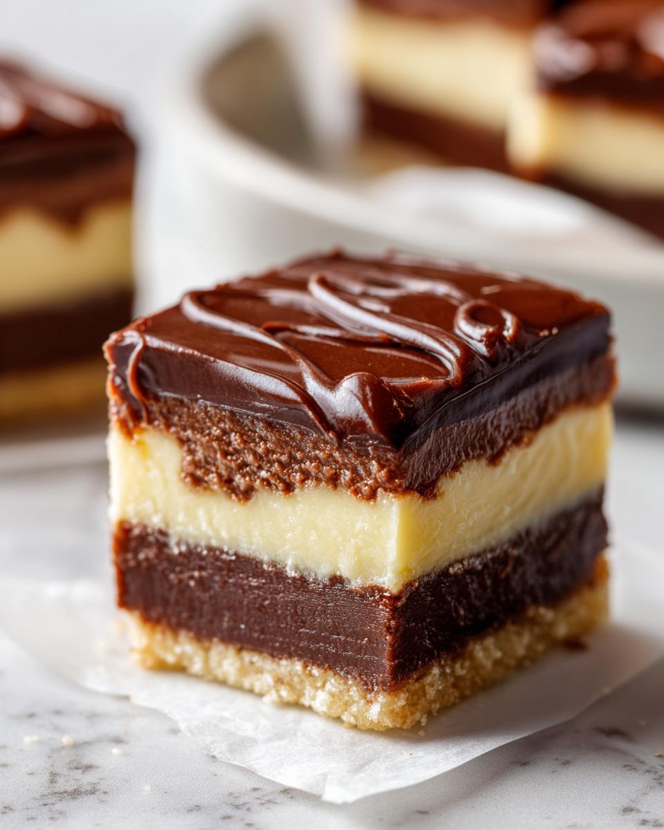 A close-up of a layered Boston Cream Pie Fudge slice with chocolate ganache, vanilla cream, and chocolate fudge.
