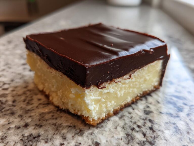 A square slice of Boston Cream Pie Fudge with a rich chocolate ganache topping and creamy filling.