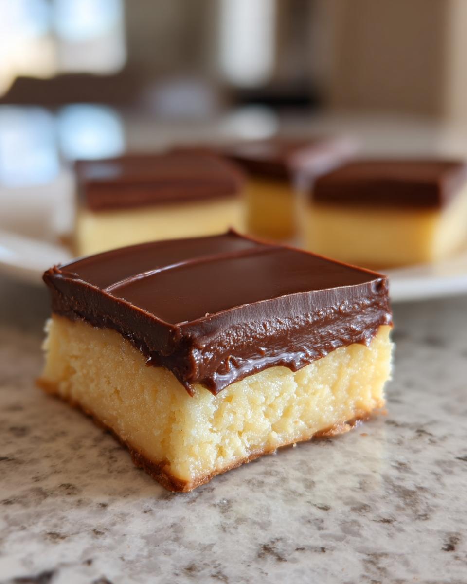 Close-up of a square of Boston Cream Pie Fudge, showing a thick layer of chocolate ganache over a creamy yellow filling.