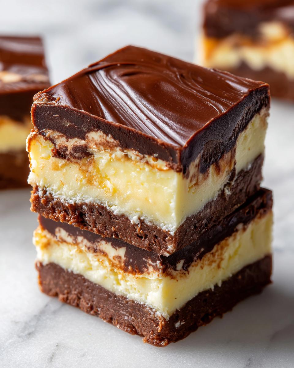 A stack of two rich Boston Cream Pie Fudge squares, showcasing layers of chocolate, creamy filling, and a chocolate ganache topping.
