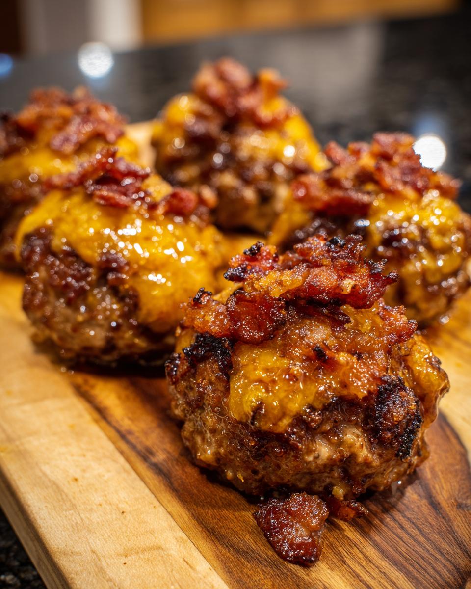 Close-up of delicious Bourbon Bacon Cheeseburger Meatballs topped with melted cheese and crispy bacon.