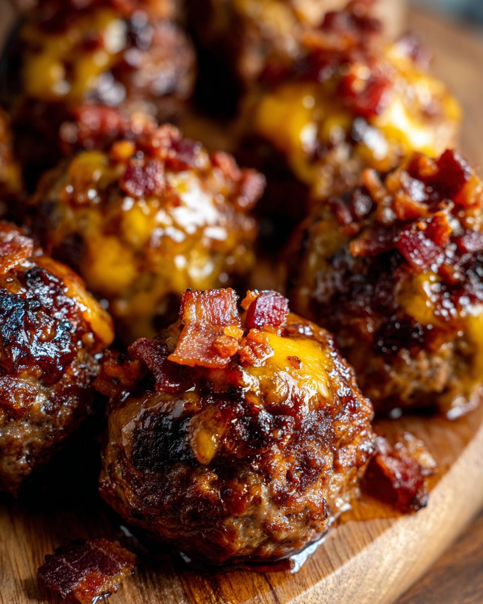 Close-up of delicious Bourbon Bacon Cheeseburger Meatballs topped with melted cheese and crispy bacon bits.