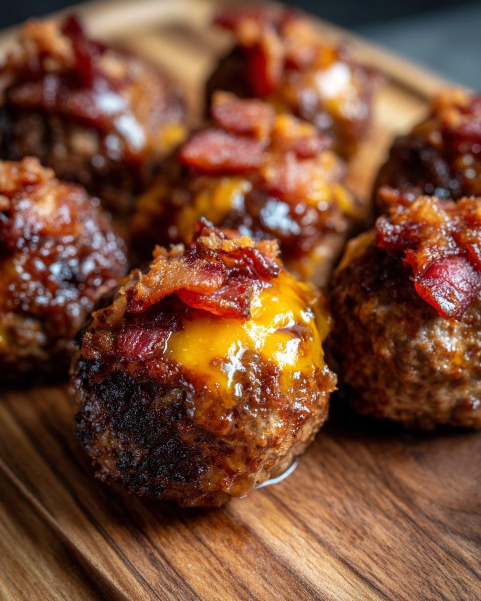 Close-up of delicious Bourbon Bacon Cheeseburger Meatballs topped with melted cheese and crispy bacon.