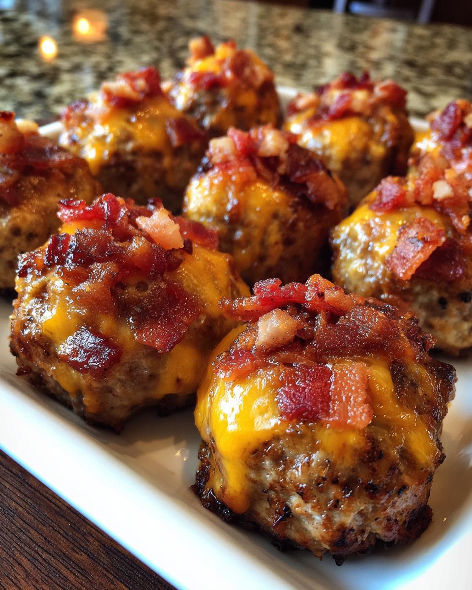 Close-up of delicious Bourbon Bacon Cheeseburger Meatballs topped with melted cheddar cheese and crispy bacon bits.