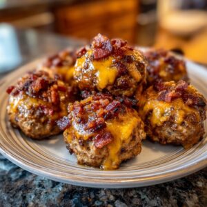 A plate of delicious Bourbon Bacon Cheeseburger Meatballs topped with melted cheddar cheese and crispy bacon bits.