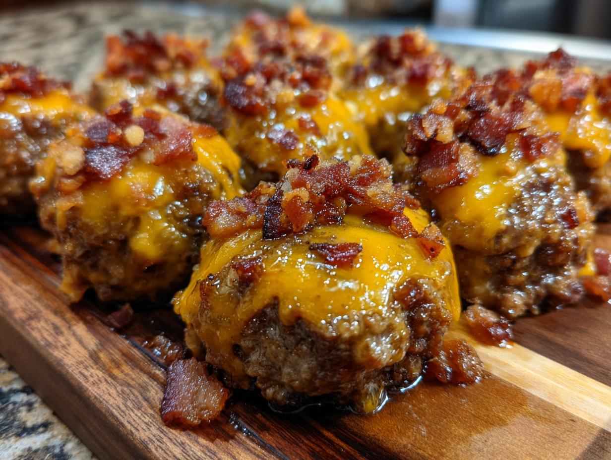 Close-up of delicious Bourbon Bacon Cheeseburger Meatballs topped with melted cheddar cheese and crispy bacon bits.