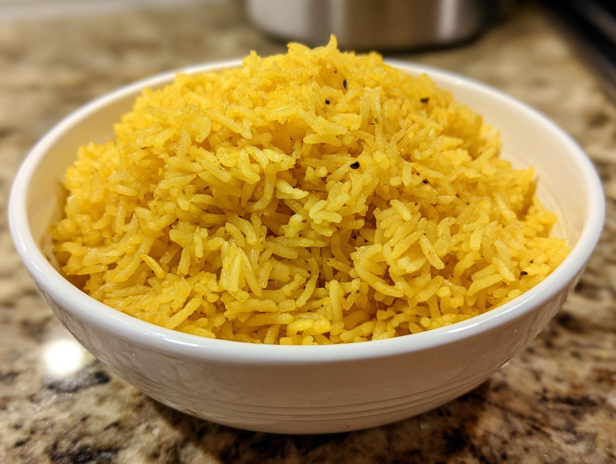 A close-up of fluffy, bright yellow turmeric rice served in a white ceramic bowl on a granite countertop.