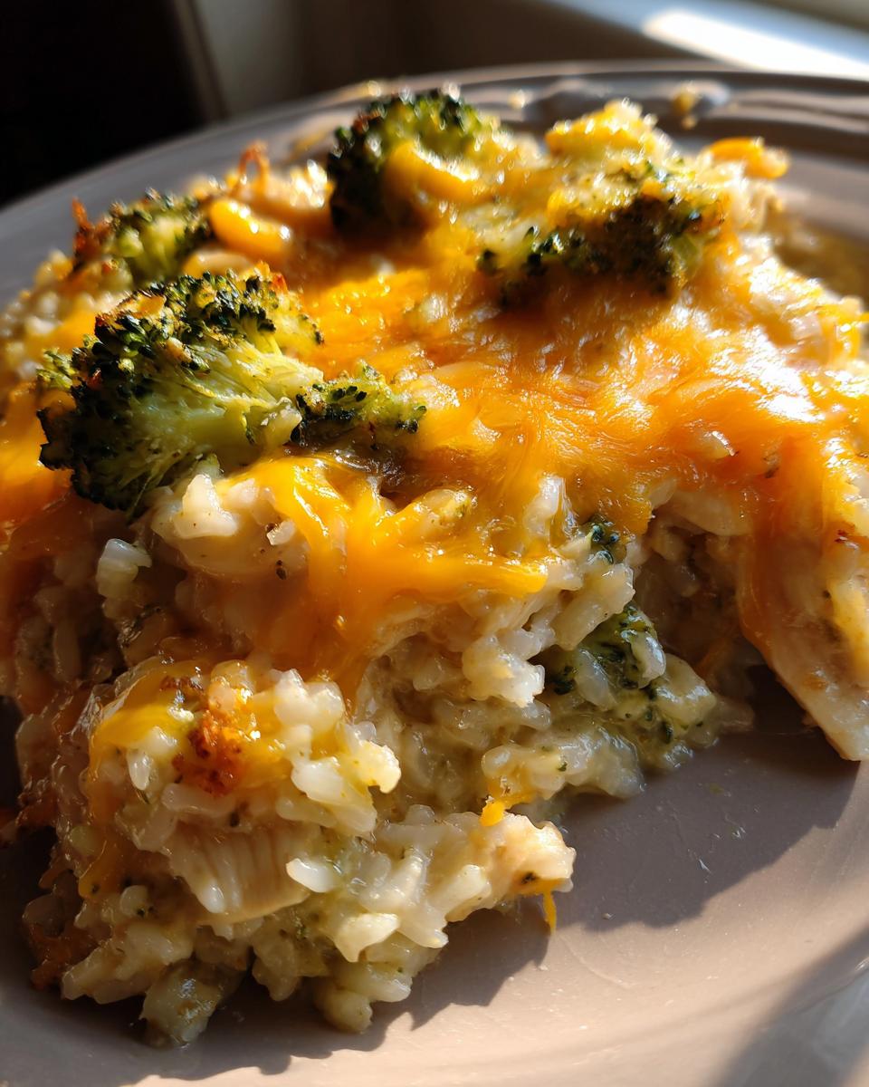 A close-up of a serving of broccoli rice chicken casserole topped with melted golden cheese and broccoli florets.