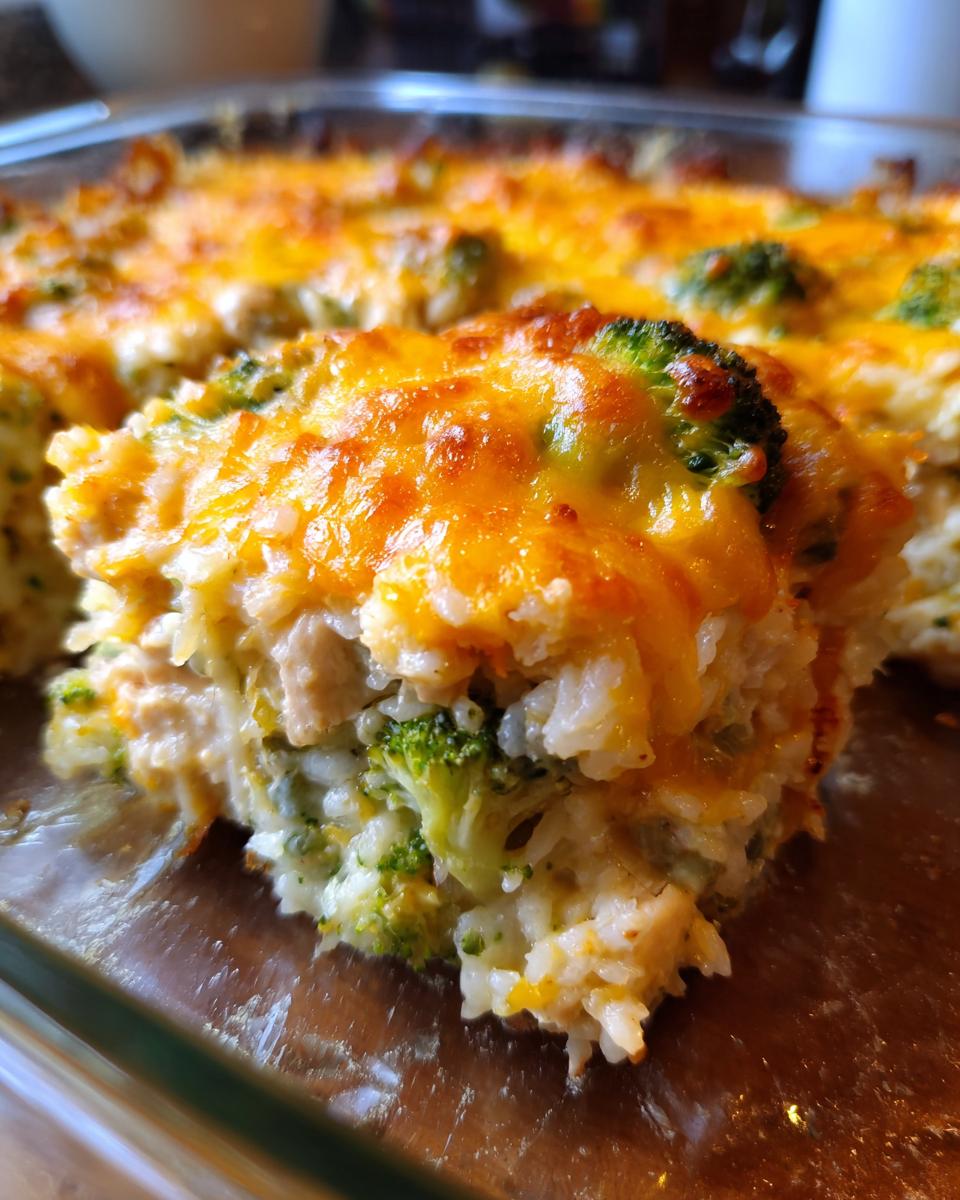 A close-up view of a serving of broccoli rice chicken casserole, topped with melted golden cheese.