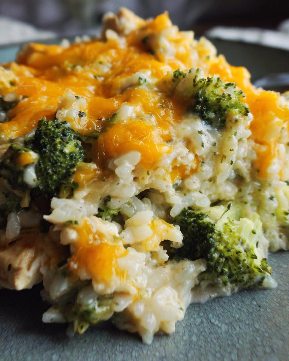 A close-up of a serving of broccoli rice chicken casserole topped with melted cheddar cheese.