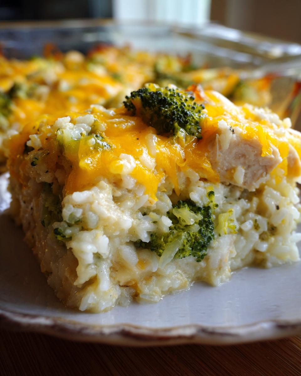 A close-up of a slice of broccoli rice chicken casserole topped with melted cheddar cheese.