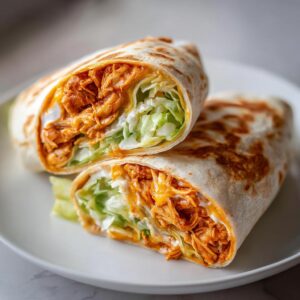 Close-up of a buffalo chicken wrap cut in half, showing shredded orange buffalo chicken, lettuce, and creamy sauce.