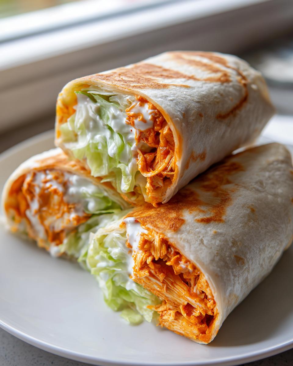 Two halves of a grilled buffalo chicken wrap stacked, showing shredded orange chicken, lettuce, and white ranch dressing.