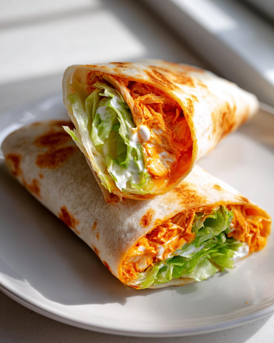 Two halves of a delicious buffalo chicken wrap stacked on a white plate, showing shredded spicy chicken, lettuce, and ranch dressing.