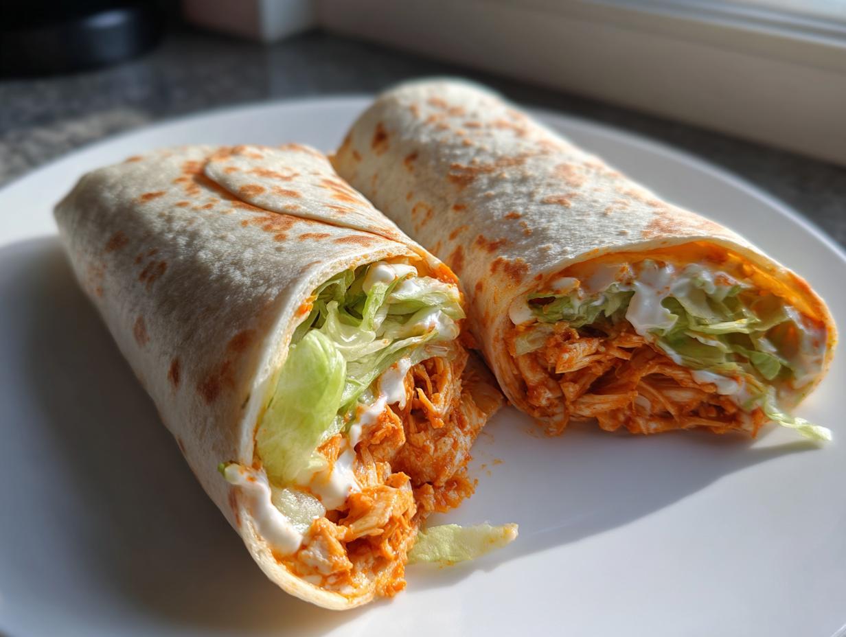 Two halves of a rolled buffalo chicken wrap showing shredded spicy chicken, lettuce, and ranch dressing.