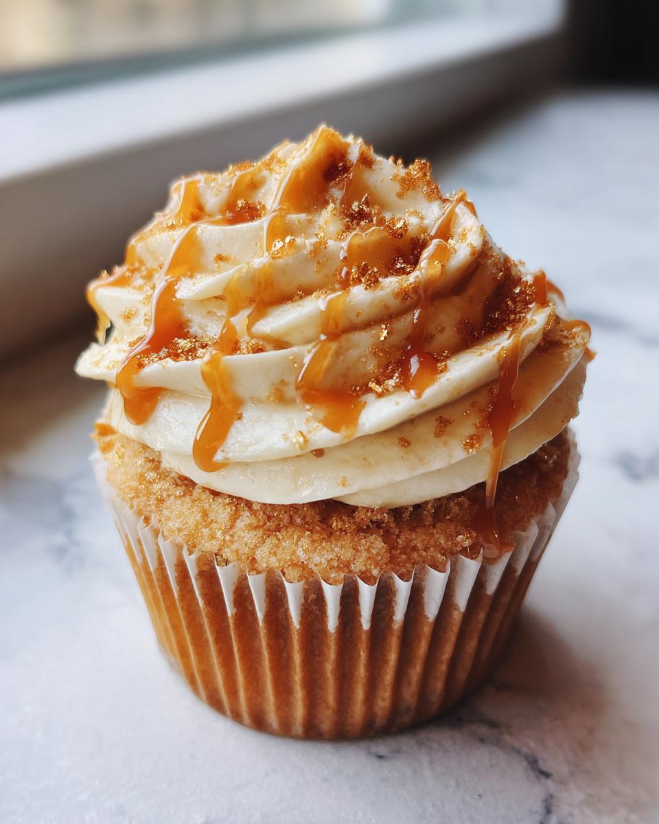 A close-up of a single Butterbeer cupcake topped with creamy frosting, caramel drizzle, and golden sprinkles.