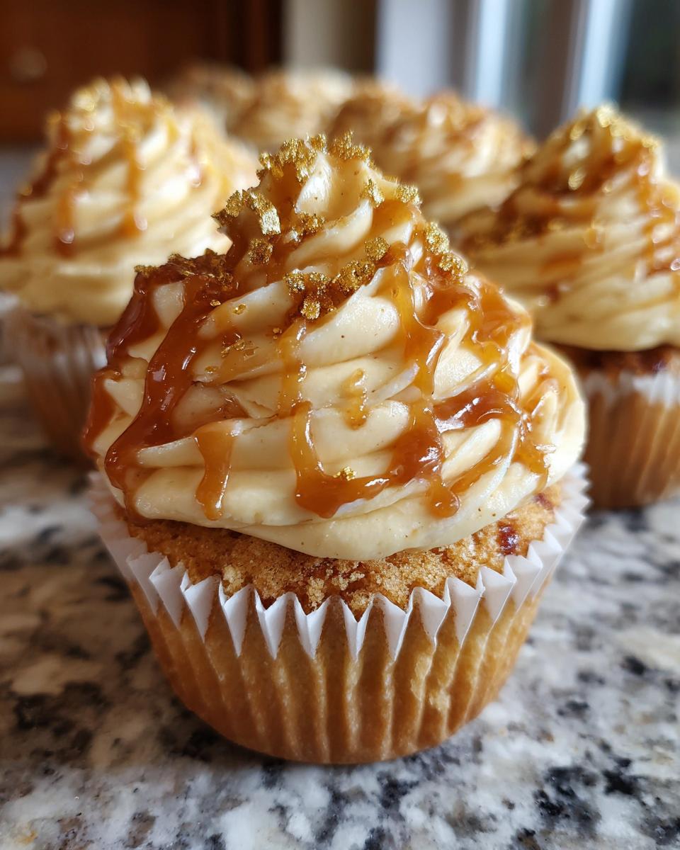 Close-up of a delicious Butterbeer cupcake topped with caramel frosting, caramel drizzle, and gold sprinkles.