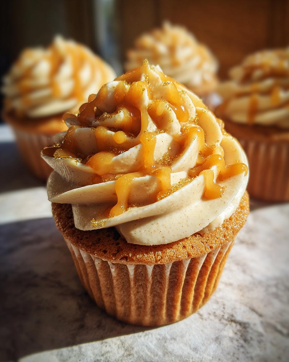 Close-up of a magically decorated Butterbeer cupcake topped with creamy frosting, caramel drizzle, and edible gold glitter.