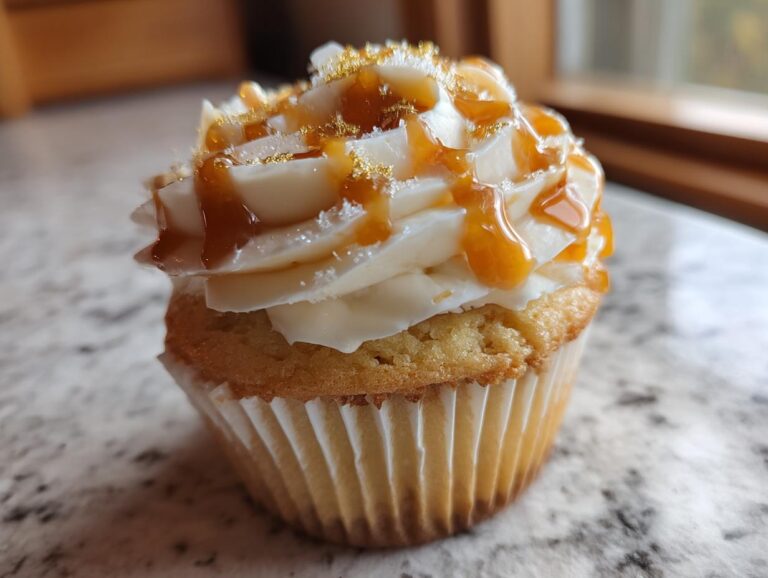 A close-up of a delicious Butterbeer cupcake topped with white frosting, caramel drizzle, and edible gold glitter.