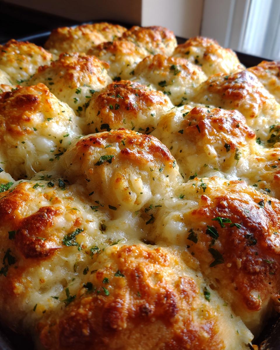 Close-up of golden brown, freshly baked buttery cheese garlic rolls covered in melted cheese and sprinkled with parsley.