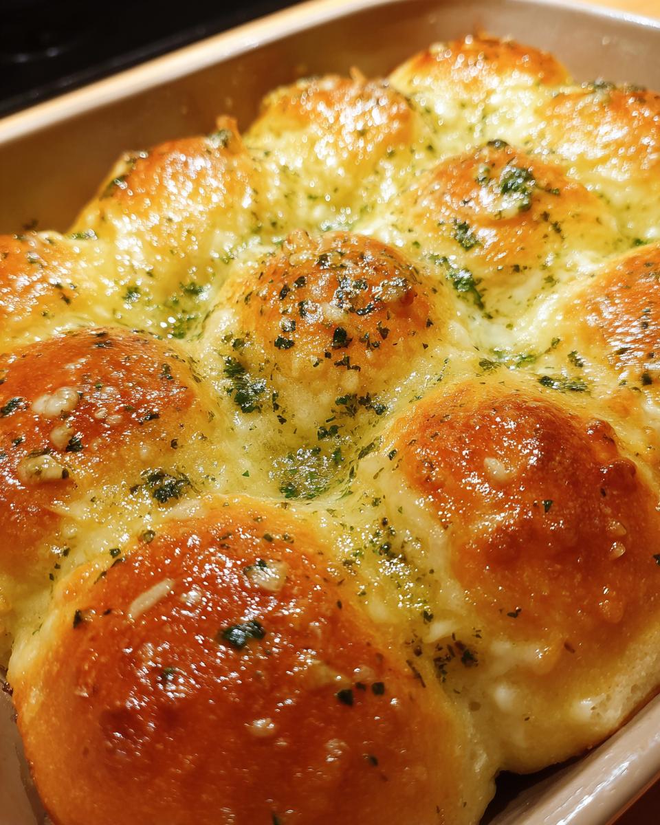 Close-up of golden brown, freshly baked buttery cheese garlic rolls topped with melted cheese and parsley.