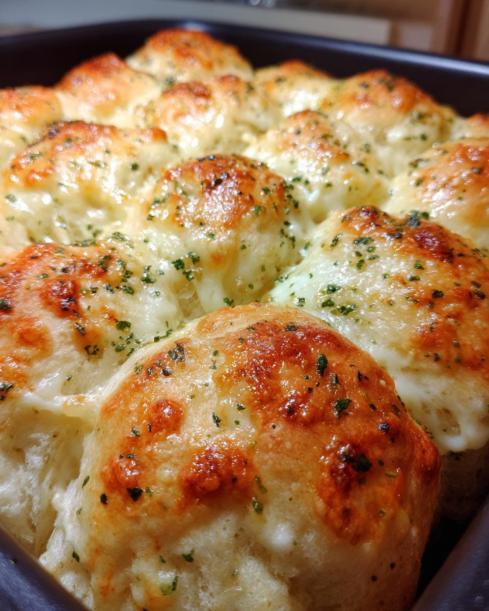 Close-up of golden brown, freshly baked buttery cheese garlic rolls topped with melted cheese and parsley.