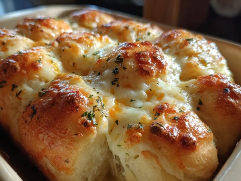 Close-up of golden brown, freshly baked buttery cheese garlic rolls topped with melted cheese and herbs.
