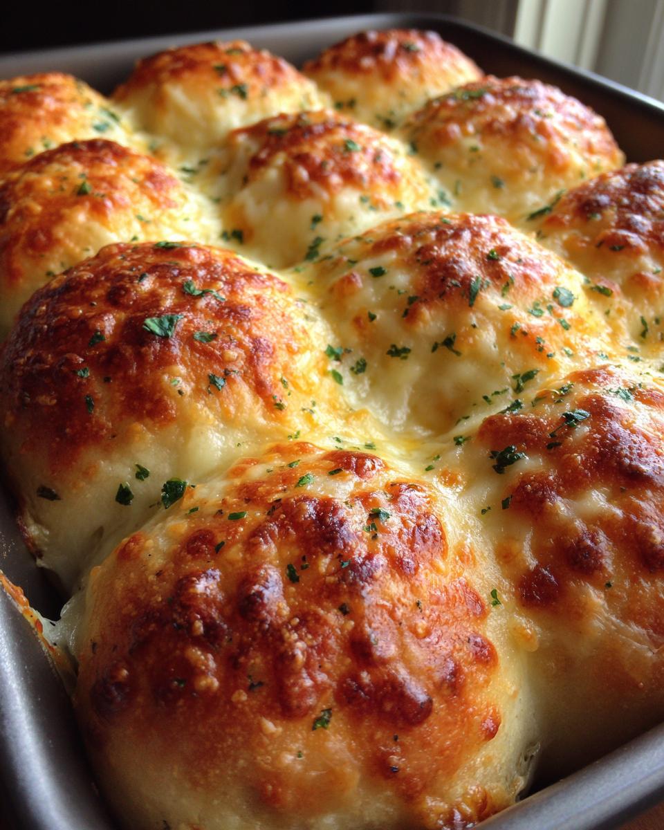 Close-up of golden-brown buttery cheese garlic rolls baked in a pan, topped with melted cheese and parsley.