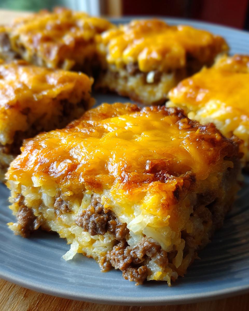 A close-up of a slice of cabbage beef bake, showing layers of ground beef and shredded cabbage topped with melted golden cheese.