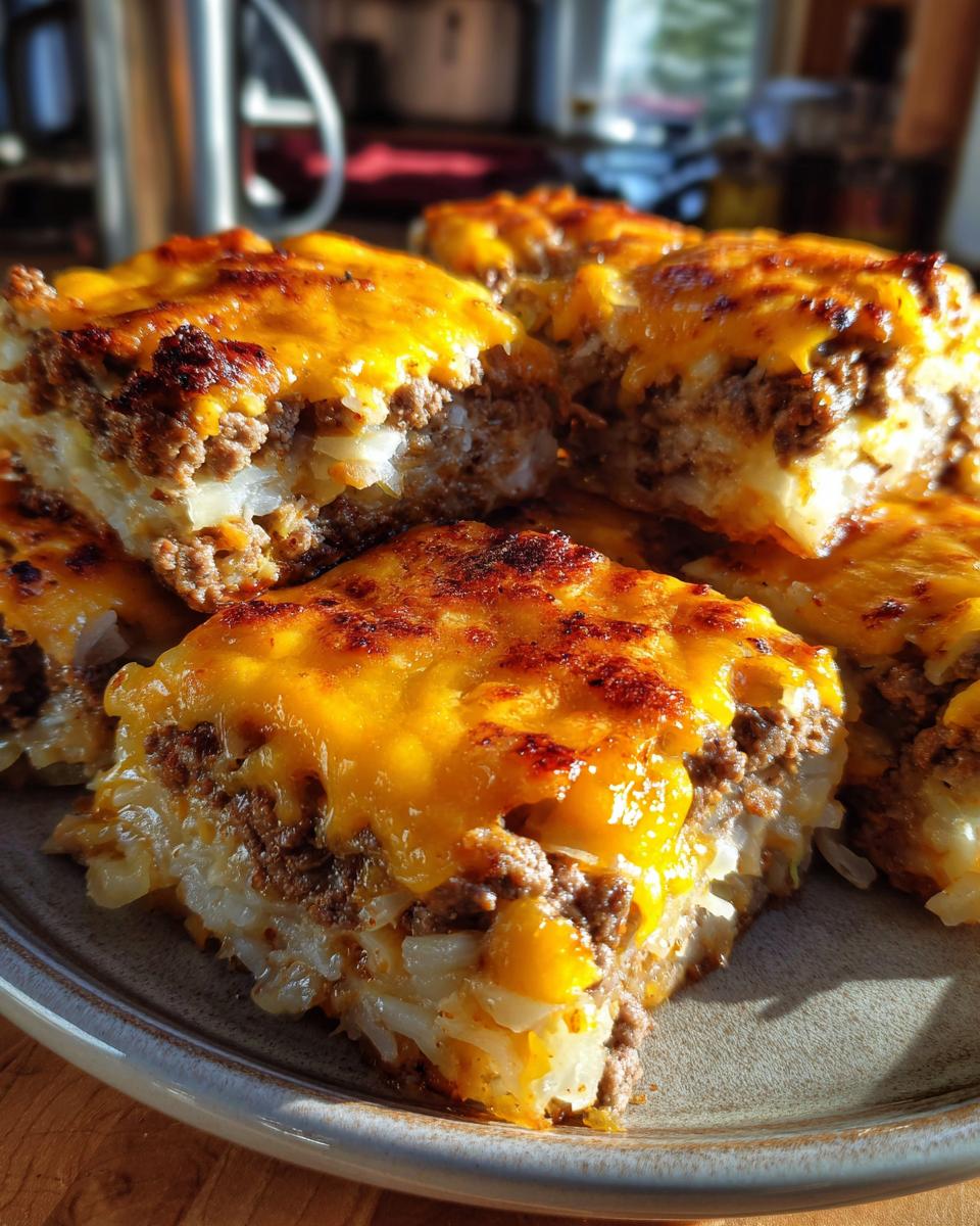 Close-up of a serving of Cabbage Beef Bake with melted golden cheese and a hearty meat and cabbage filling.