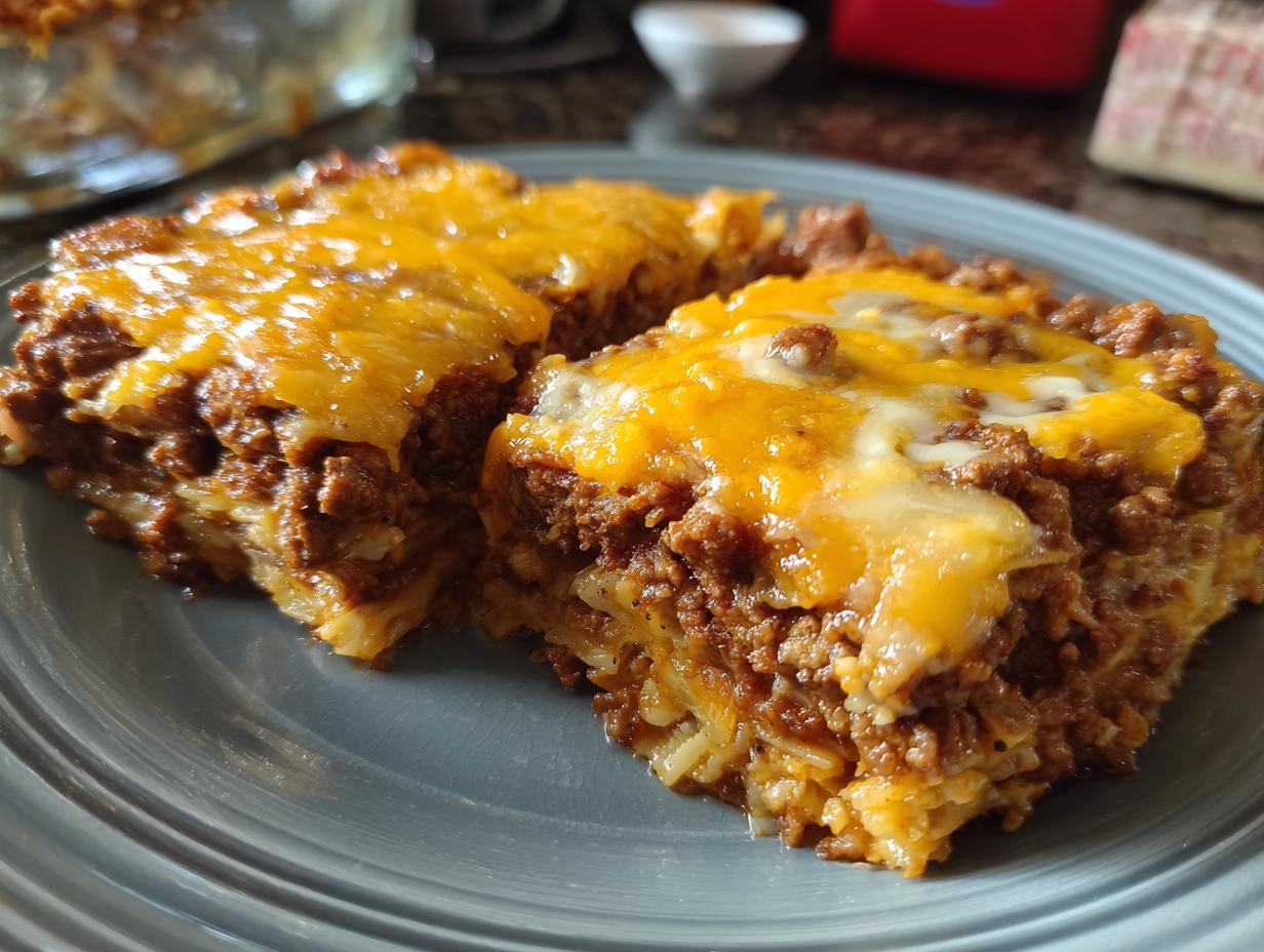 Close-up of a hearty slice of cabbage beef bake, topped with melted cheddar cheese.